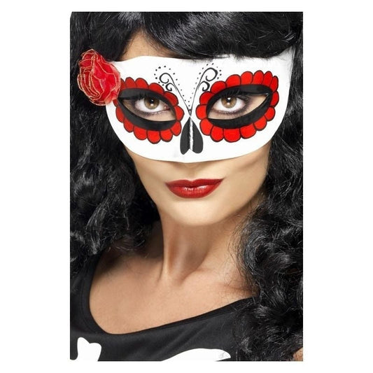 Mexican Day Of The Dead Eyemask Adult White Red Rose Costume Accessory 2
