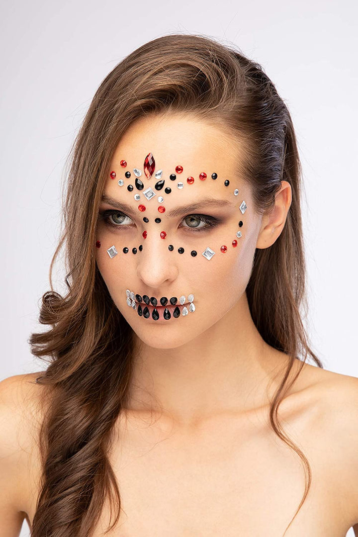 Moon Terror Face Jewels Day Of The Dead Adult Red Costume Make Up_2