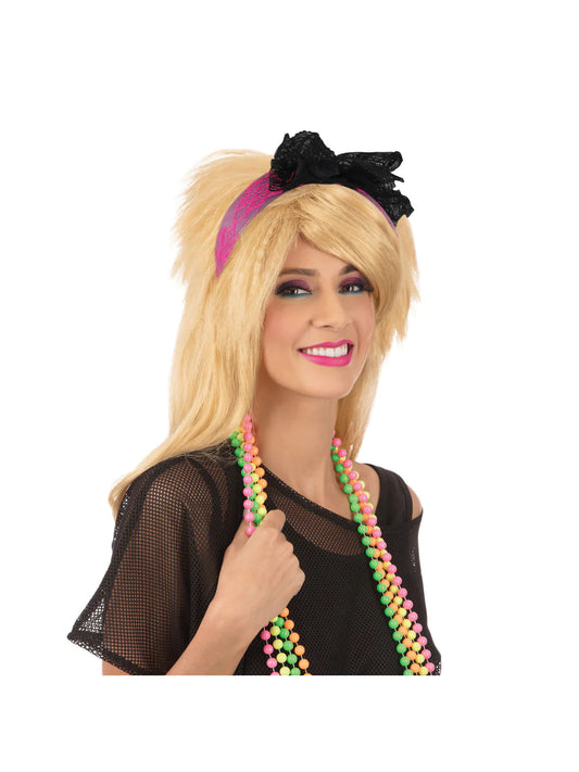 Pink 80s Neon Lace Headband Costume Accessory 2