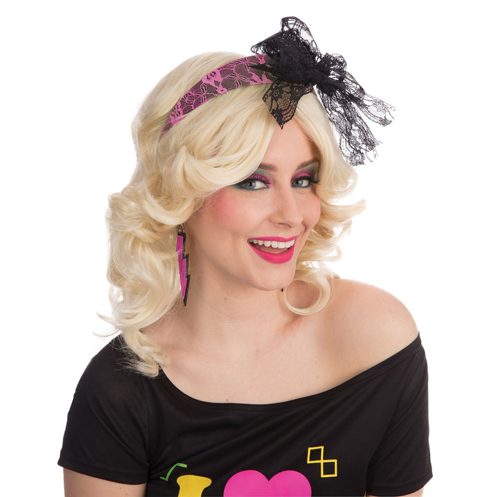 Pink 80s Neon Lace Headband Costume Accessory_1
