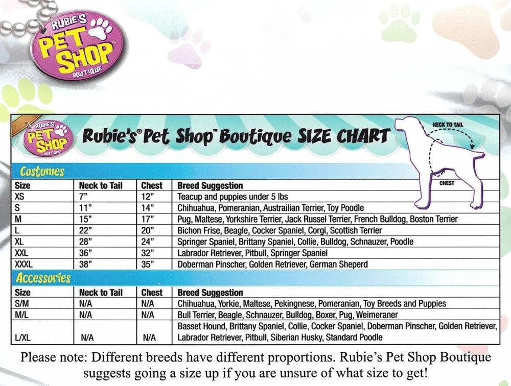 Size Chart Pink Tutu Pet Costume