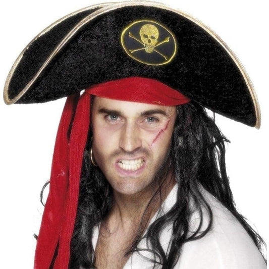 Pirate Hat Adult Black Skull and Crossbones with Attached Red Scarf 2