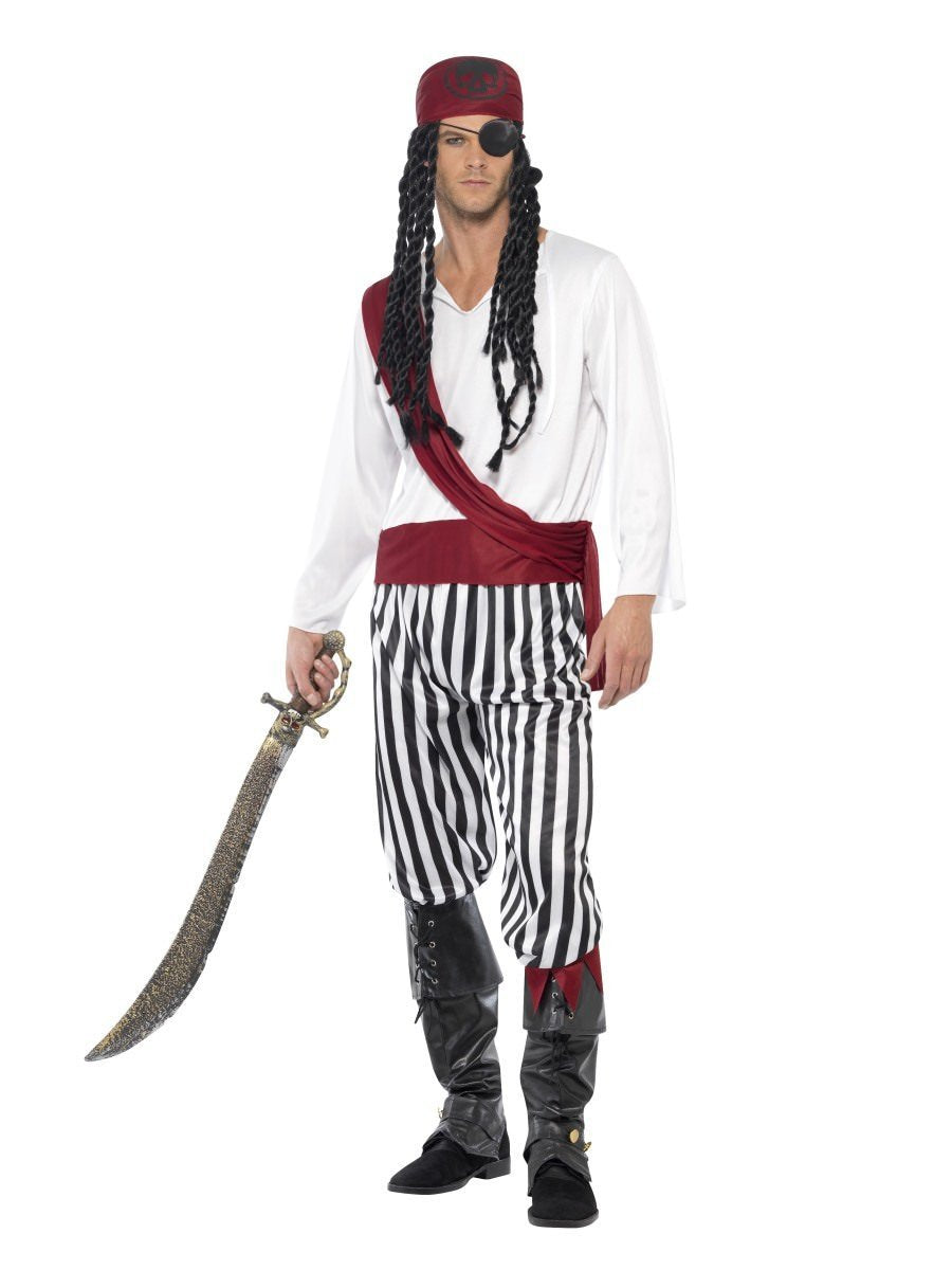 Pirate Man Costume Adult White Black Red Shirt Trousers Headpiece Belt_1