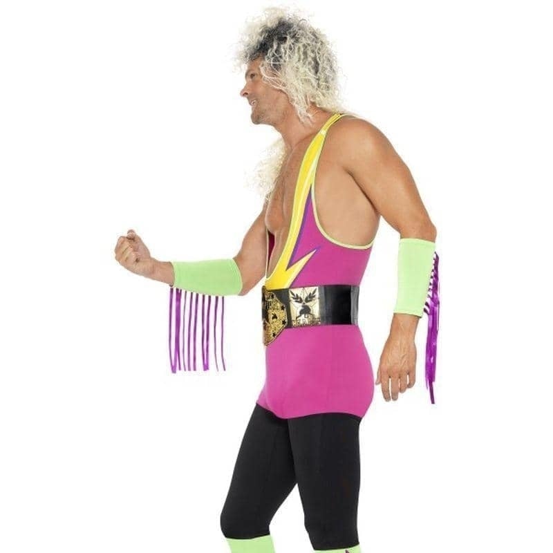Retro Wrestler Costume Adult Multi Coloured Bodysuit Belt Arm Leg Cuffs_3