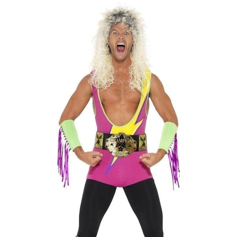 Retro Wrestler Costume Adult Multi Coloured Bodysuit Belt Arm Leg Cuffs_1