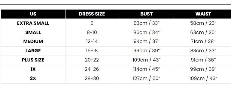 Size Chart Wonder Woman Corset Costume