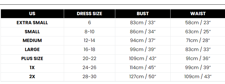 Size Chart Ladies Greaser Hop Costume