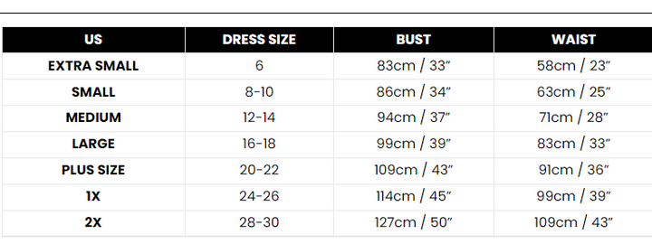 Size Chart Wonderwoman Adult Costume