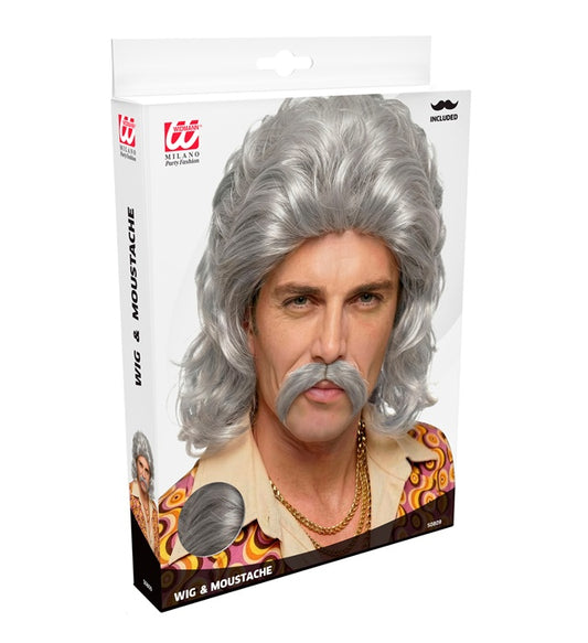 The 70S Man Wig & Moustache Grey- In Box