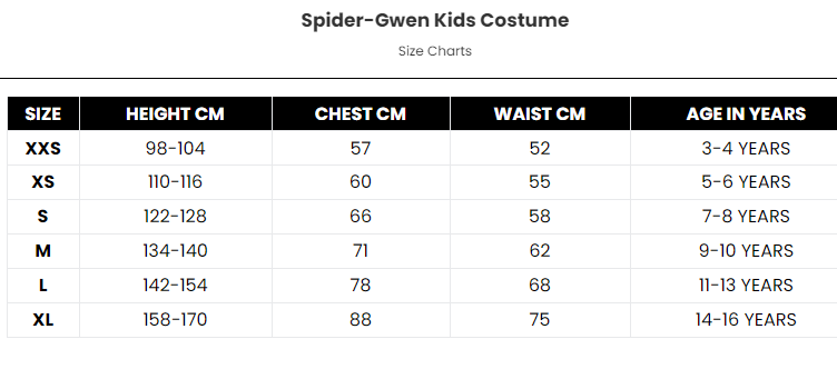 Size Chart Spider-Gwen Kids Ghost Spider Costume Into the Spiderverse