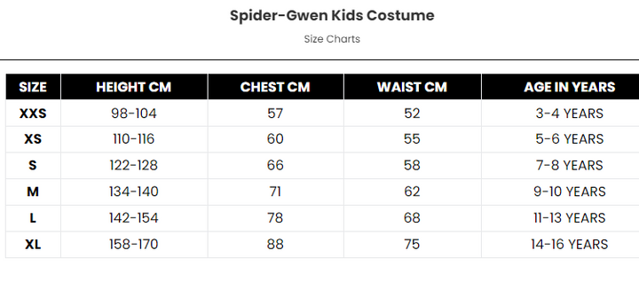 Size Chart Spider-Gwen Kids Ghost Spider Costume Into the Spiderverse