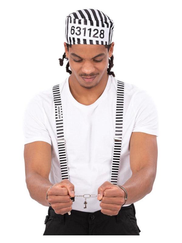 Striped Prisoner Kit Braces Hat Handcuffs Striped Prisoner Kit Braces Hat Handcuffs