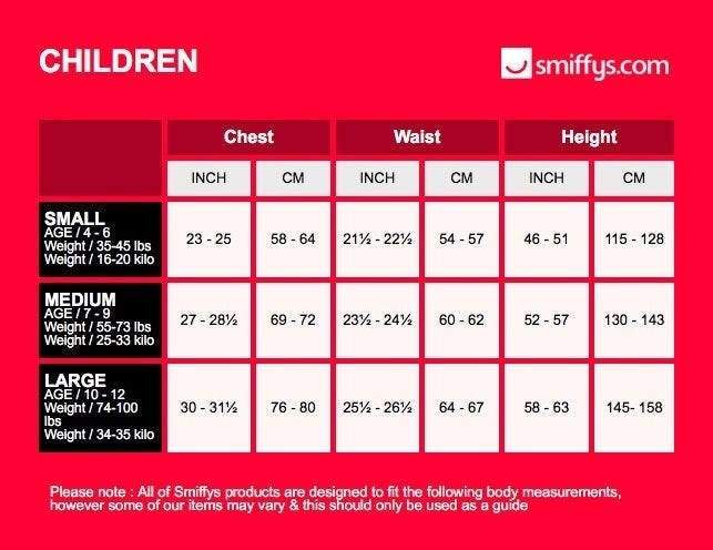 Size Chart Tiger Costume Kids