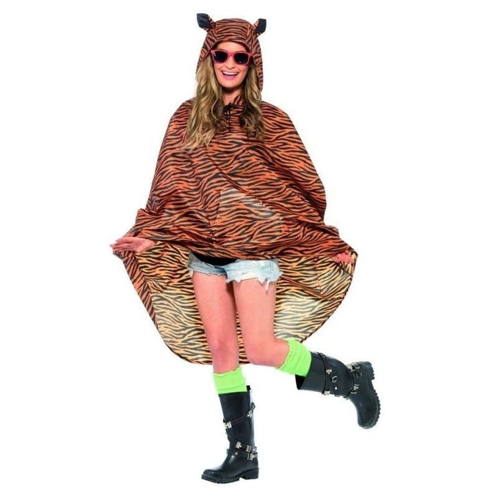 Tiger Party Poncho Adult Orange Black with Drawstring Bag_2