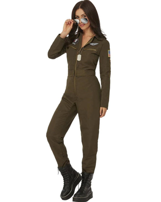 Top Gun Maverick Ladies Aviator Jumpsuit Costume Green 2