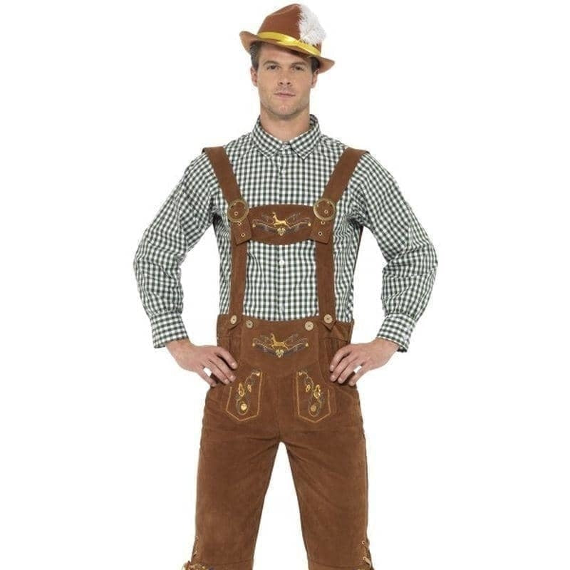 Traditional Deluxe Hanz Bavarian Costume Adult Brown Lederhosen Green Shirt_1