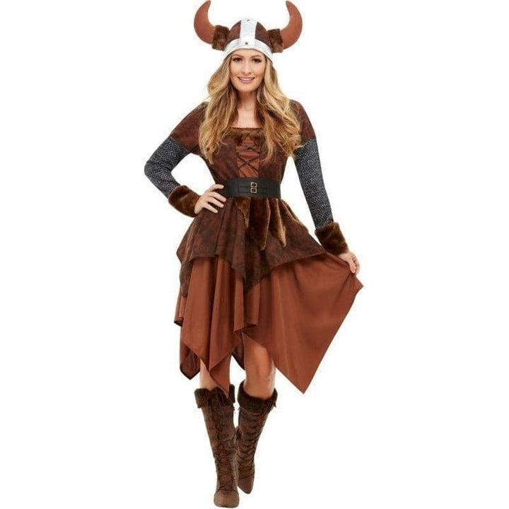Viking Barbarian Queen Costume Adult Brown Dress_1