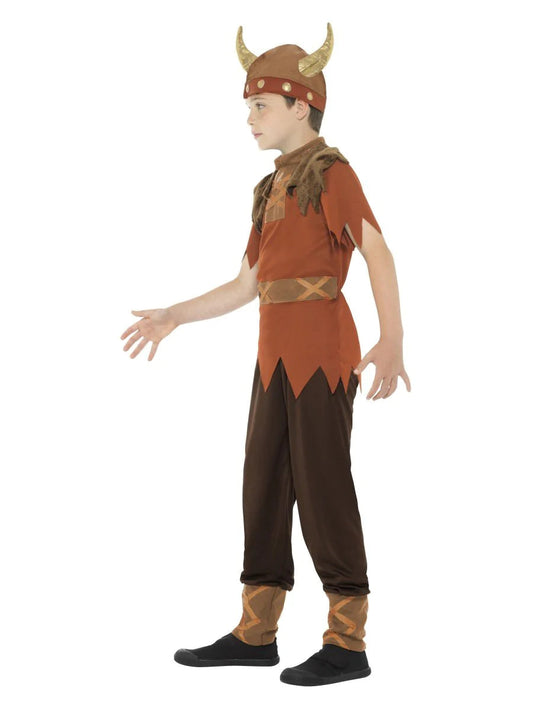 Viking Costume Kids Brown Top Trousers and Hat with Horns 2