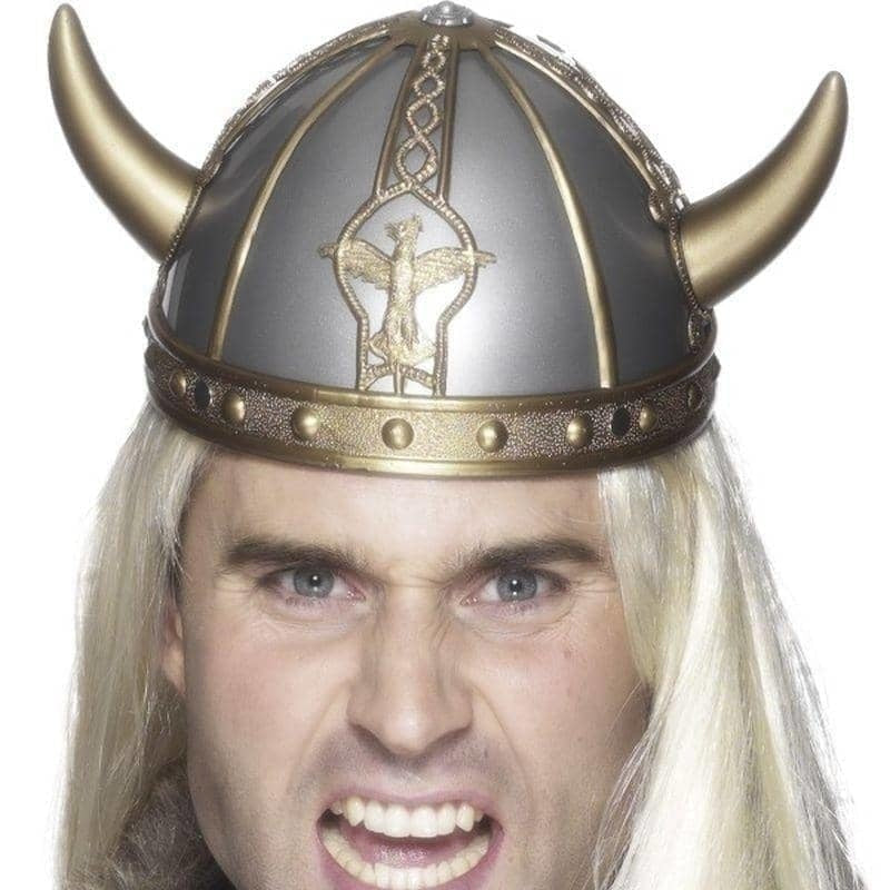 Viking Helmet Adult Silver Gold Horns_1