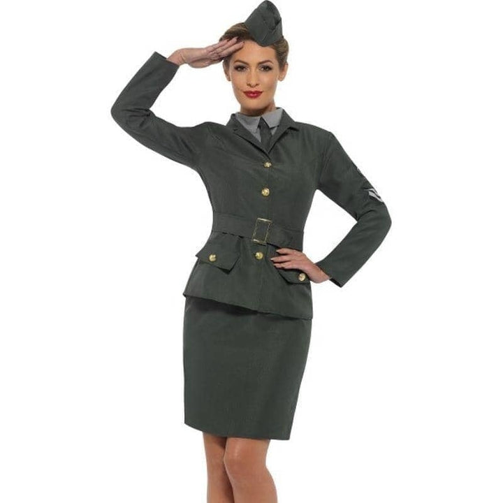 WW2 Army Girl Costume Adult Green Jacket, Mock Shirt Skirt Hat_1