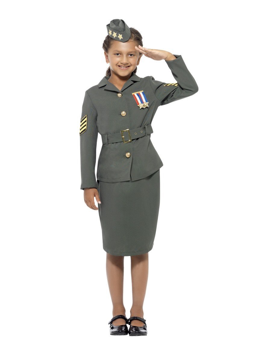 WW2 Army Girl Costume Kids Khaki Green_4