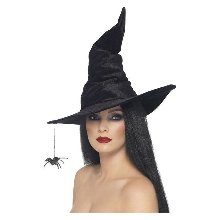 Witch Hat Adult Black Velour With Hanging Spider_1