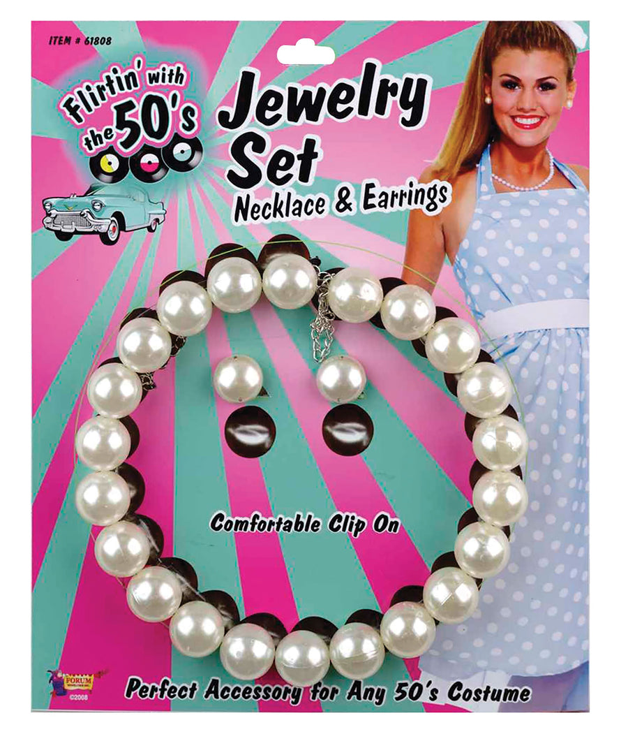 Womens 50s Pearl Necklace + Earring Set White Costume Accessories Female Halloween_1