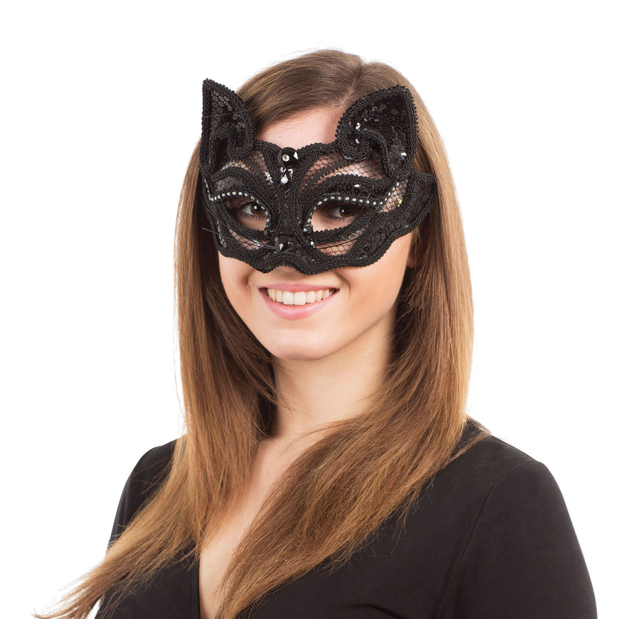 Womens Black Cat Sequin Glass Frame Eye Masks Female Halloween Costume_1