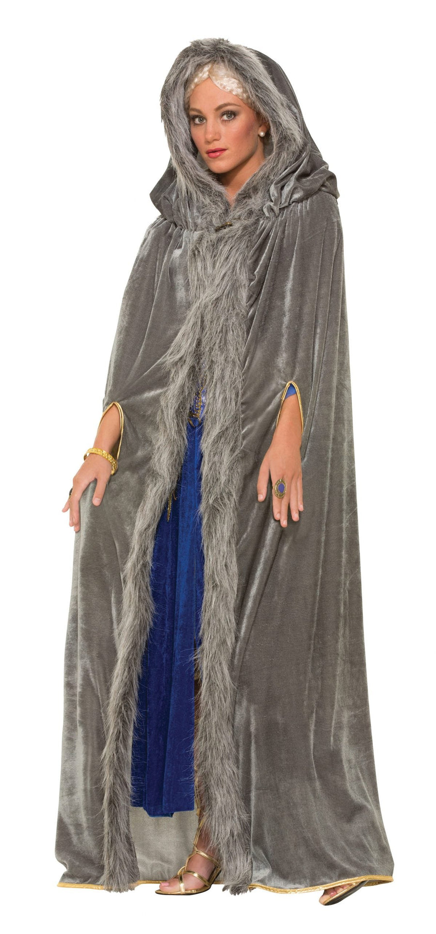 Womens Faux Fur Trimmed Cape Grey Female Adult Costume Halloween_1