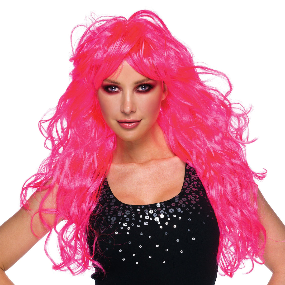 Womens Vixen Wavy Neon Pink Wigs Female Halloween Costume 3