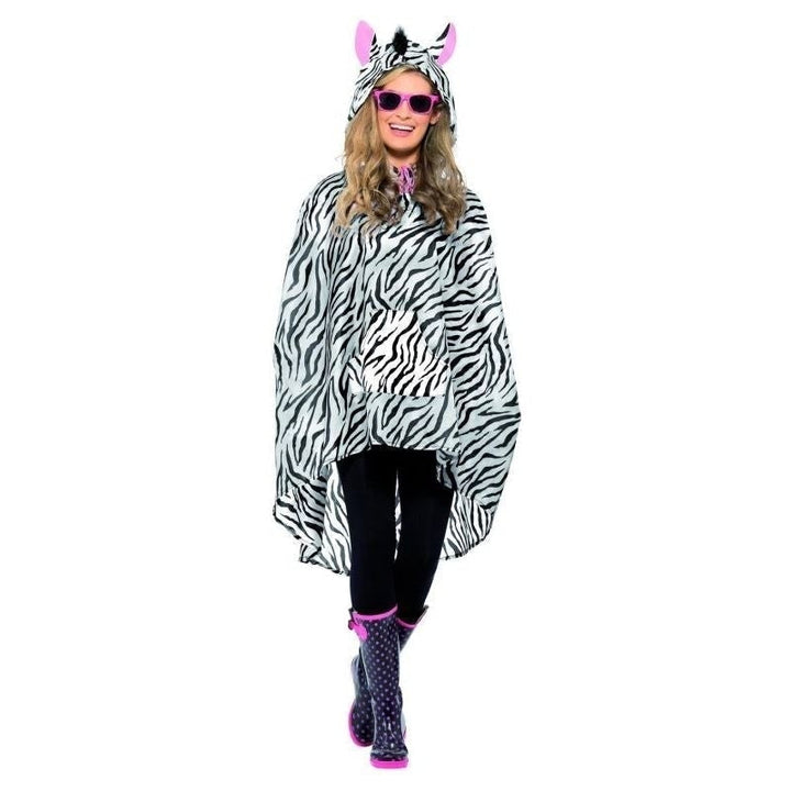 Zebra Party Festival Poncho Adult White Black Drawstring Bag_2