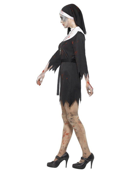 Zombie Sister Costume Womens Black Dress Headpiece Belt and Cross Necklace 2