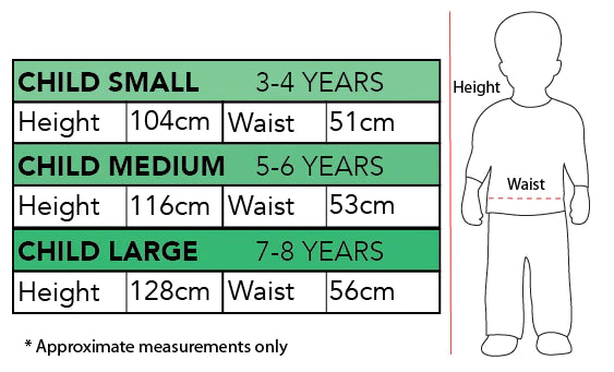 Size Chart Batman Kids Super Hero Costume