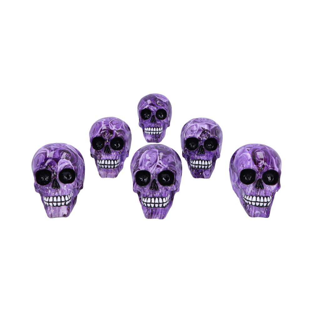 Set of 6 Purple Romance Rose Print Skull Ornaments