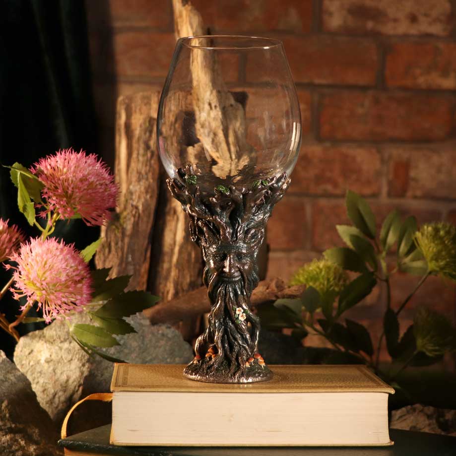 Bronze Forest Nectar Ancient Tree Spirit Green Man Goblet Wine Glass 23cm 8