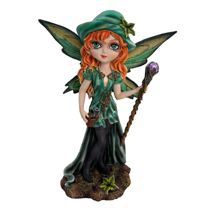 Forest Fae Fairy with Jewel Staff and Dragon Figurine 19cm