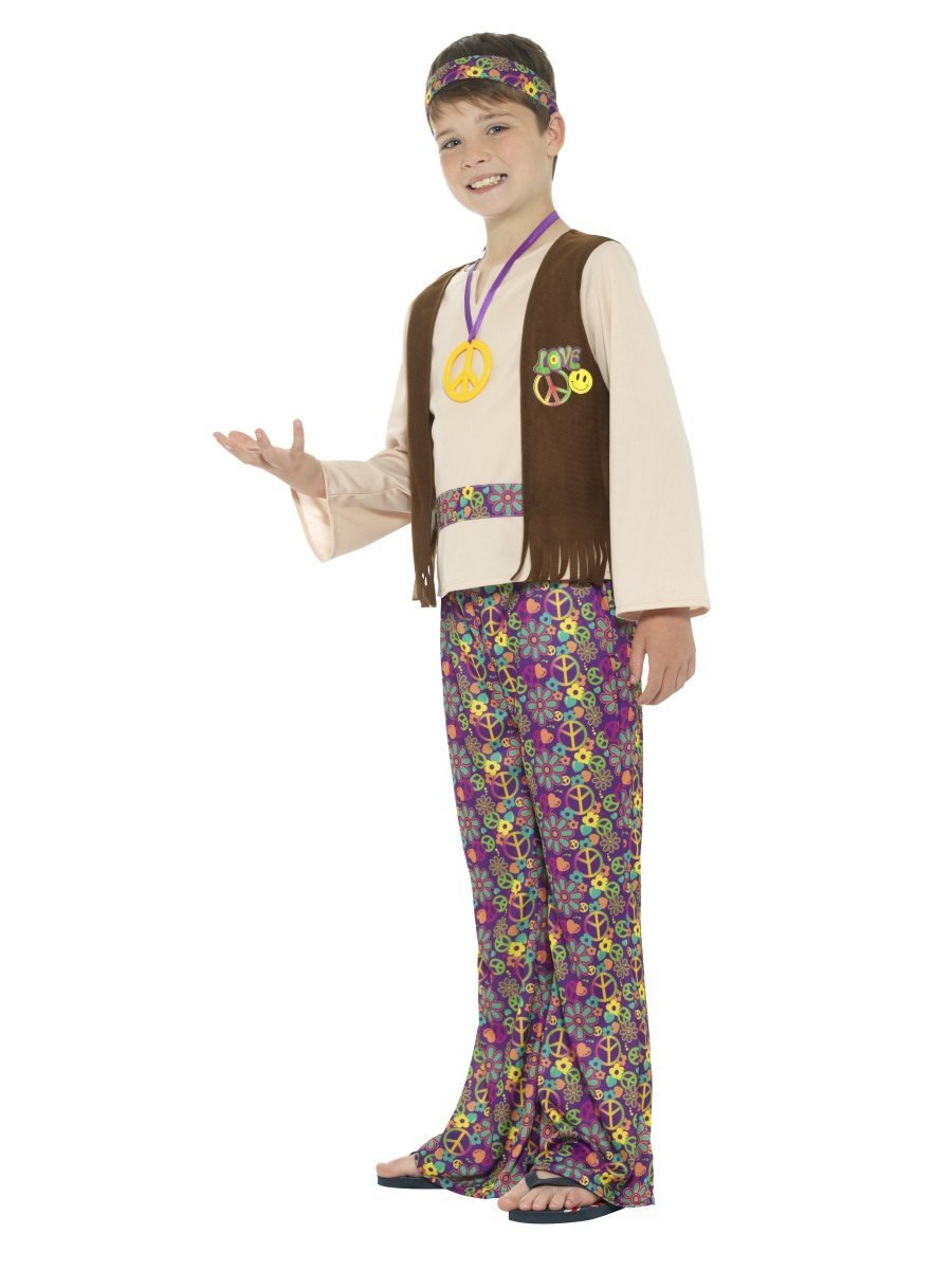 Hippie Boy Costume with Top Attached Waistcoat Trousers Medallion Headband Kids Multi Coloured