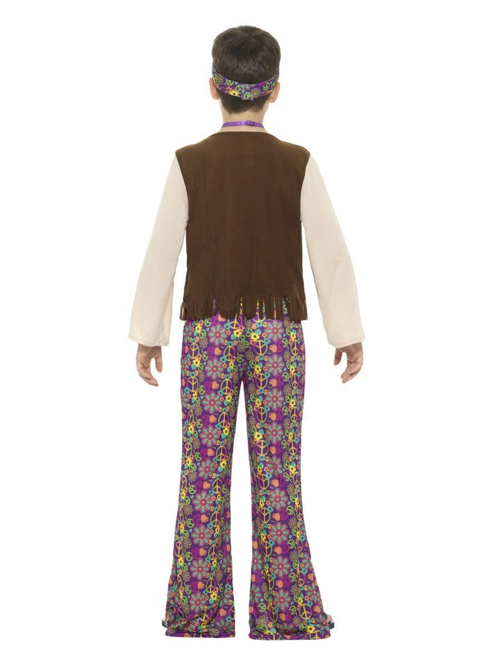 Hippie Boy Costume with Top Attached Waistcoat Trousers Medallion Headband Kids Multi Coloured