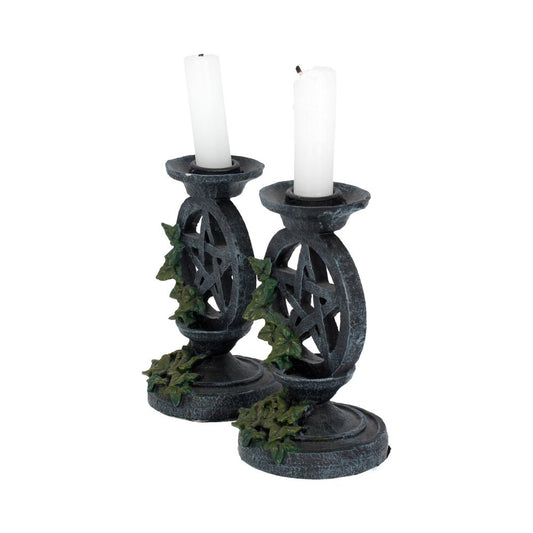 Pair of Aged Ivy Pentagram Candlesticks Gothic Candle Holders 13.4cm 2