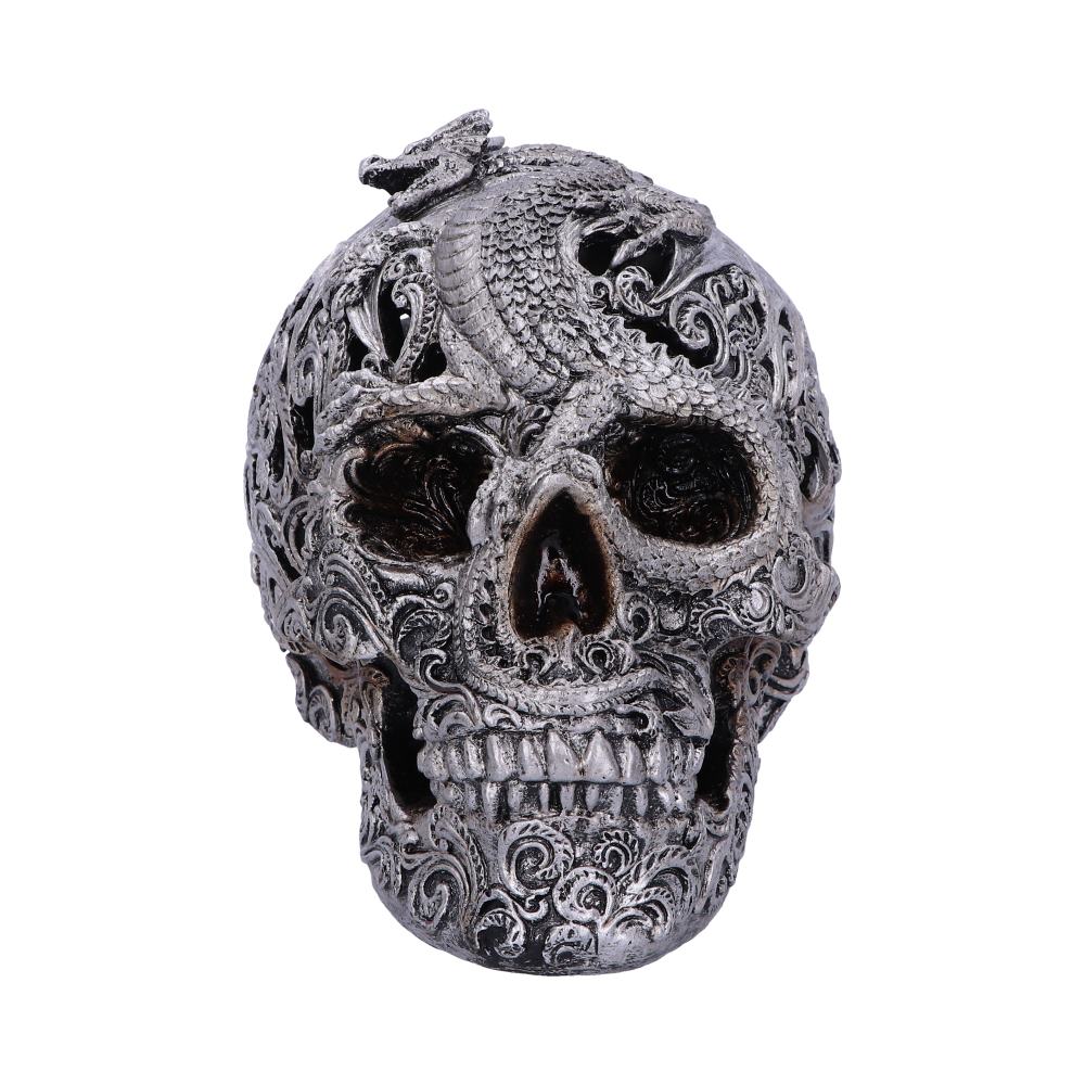 Silver Cranial Drakos Engraved Dragon Skull Ornament 19.5cm