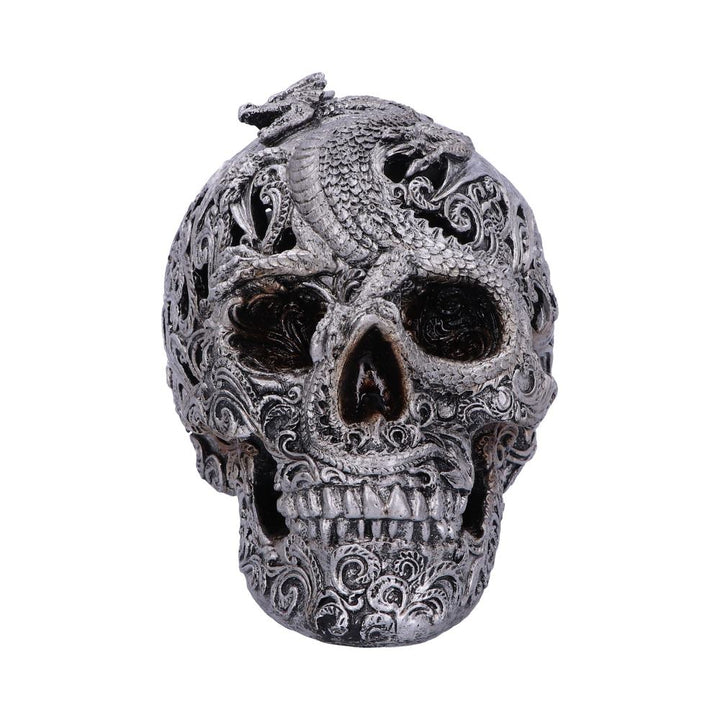 Silver Cranial Drakos Engraved Dragon Skull Ornament 19.5cm