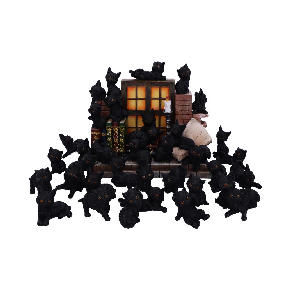 The Witches Litter Display of 36 Black Cat Familiars with a Decorated Stand 24.8cm