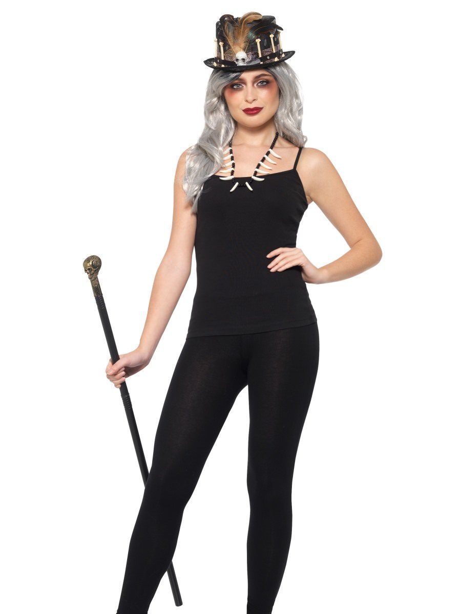 Voodoo Kit with Feather Top Hat Adult Black Detachable Skull Cane Bone Necklace