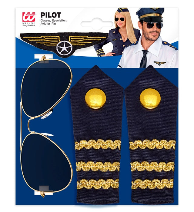 Pilot Set  Glasses, Epauletten, Aviator Pin 