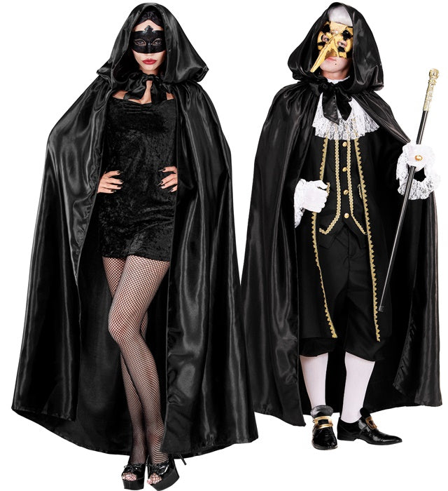 Black Satin Hooded Cape 145 Cm