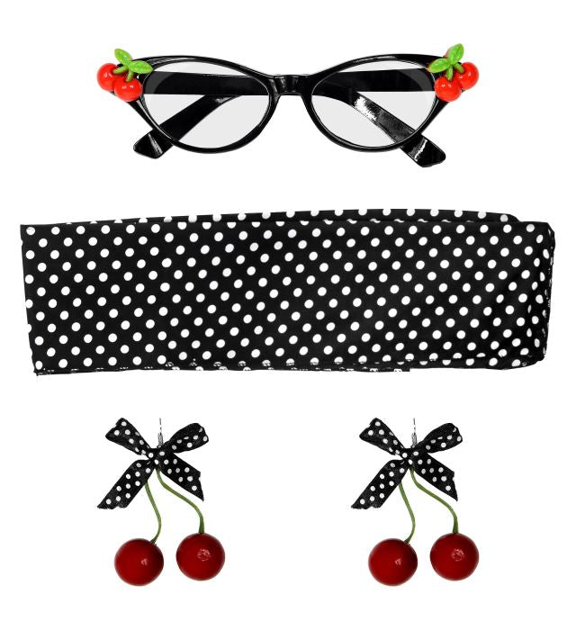 50'S Cherry Set  Glasses, Earrings, Scarf 