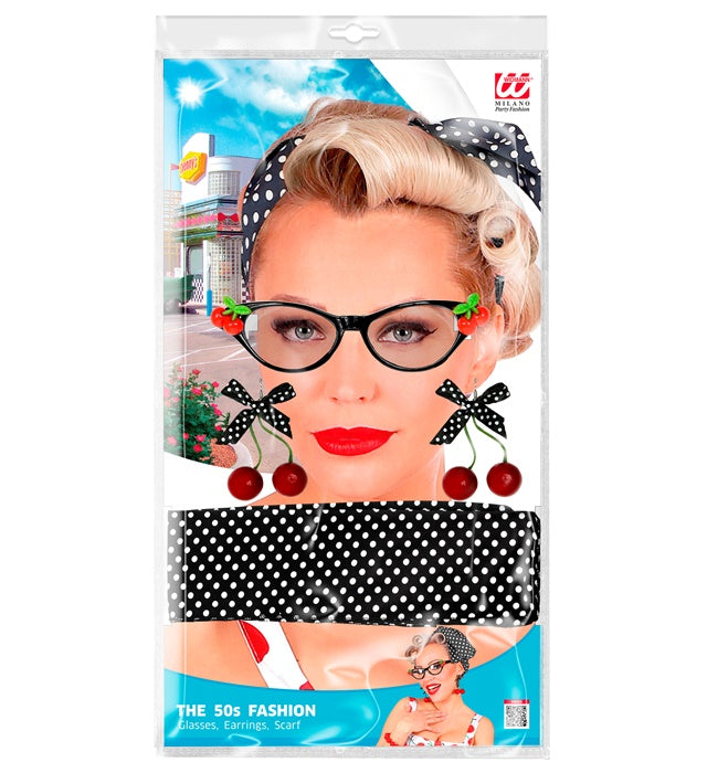 50'S Cherry Set  Glasses, Earrings, Scarf 