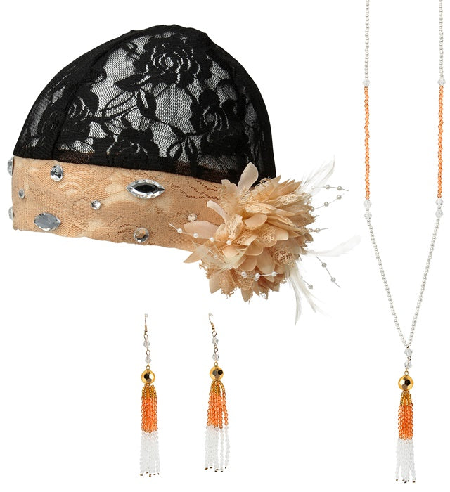 The Roaring 20S  Lace Headpiece With Flower, Pair Of Beaded Earrings, Beaded Neckalce 