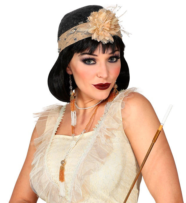 The Roaring 20S  Lace Headpiece With Flower, Pair Of Beaded Earrings, Beaded Neckalce 