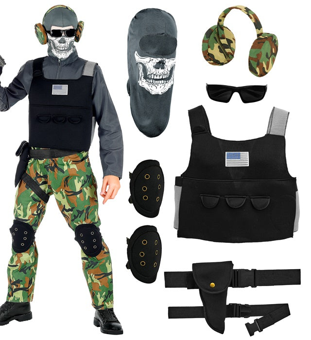 Skeleton Soldier  Overalls, Vest, Knee Pads, Belt, Holster, Mask, Glasses, Earphones 